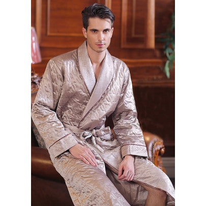 Men's Dressing Gown Red Fleur De Lys Black Fine Quilted Satin | Baturina  Homewear